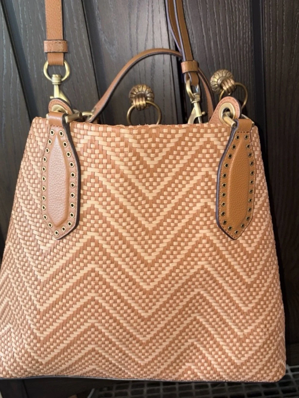 Michael Kors Woven Chevron Tote in Tan and Cream leather